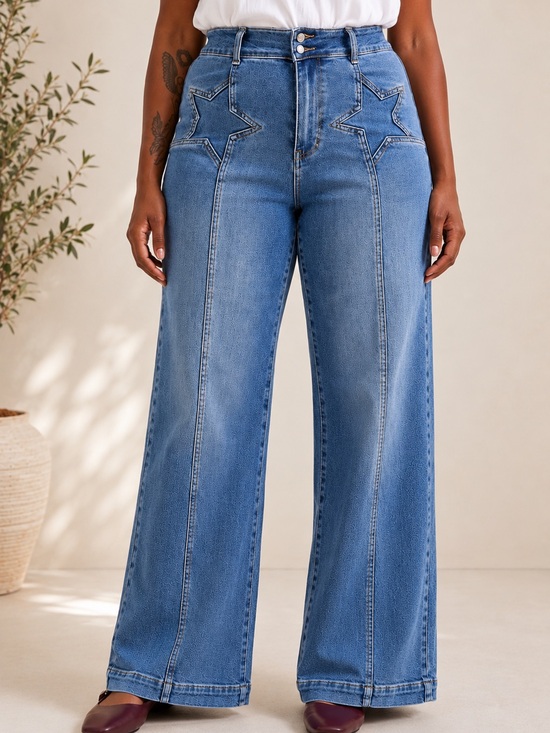 Judy Blue Denim - Judy Blue High Waist Star Front Seam Detail Wide Leg Jeans Plus Size 14W–24W NWT